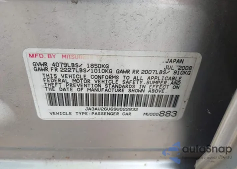 2009 Mitsubishi Lancer Es/Es-Sport из США, поврежденный, VIN JA3AU26U69U022832